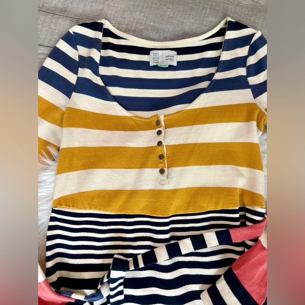 ANTHRO | Striped Ribbed Long Sleeve Fitted Retro Style Midi Dress (S) - Picture 2 of 7